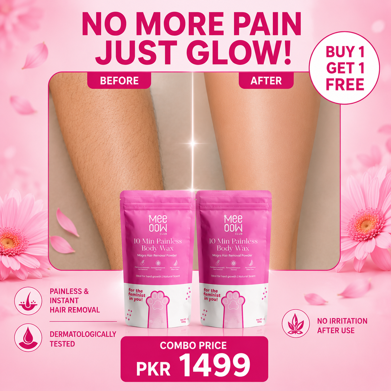 Buy One Get One Free Mee Oow Club 10 Min Painless Body Wax - Orange Hair Removal Powder Mask | Natural Dermatologically Tested